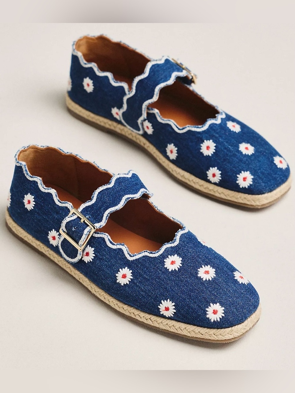 Maeve Denim Daisy Espadrille Mary Janes - Blue & White Size 8-9